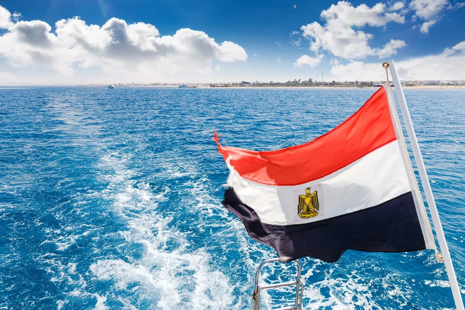 Red Sea off Hurghada with the Egyptian flag at the stern of a boat