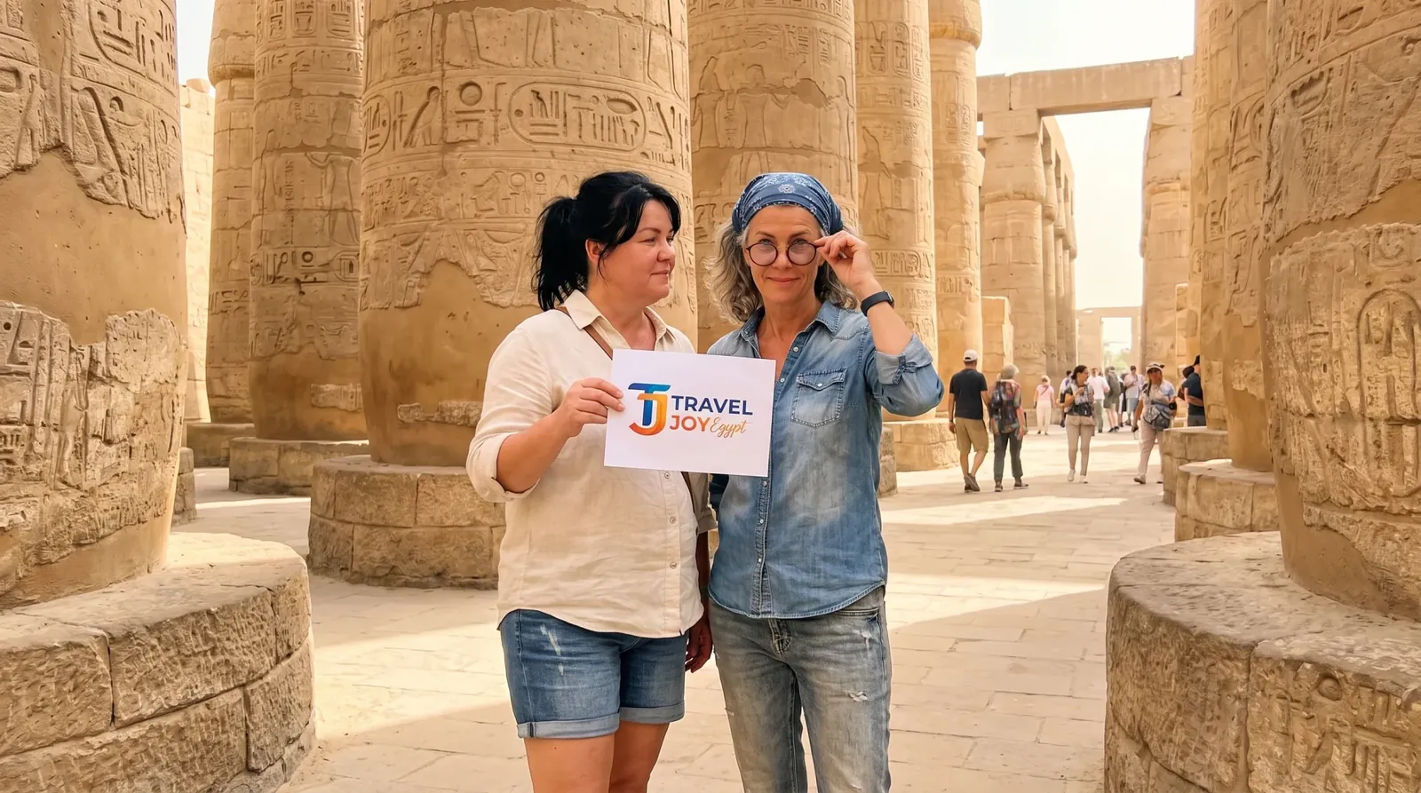 Viajeros en Karnak Temple, Luxor – Egipto y Jordania: Pirámides, Petra, Crucero por el Nilo