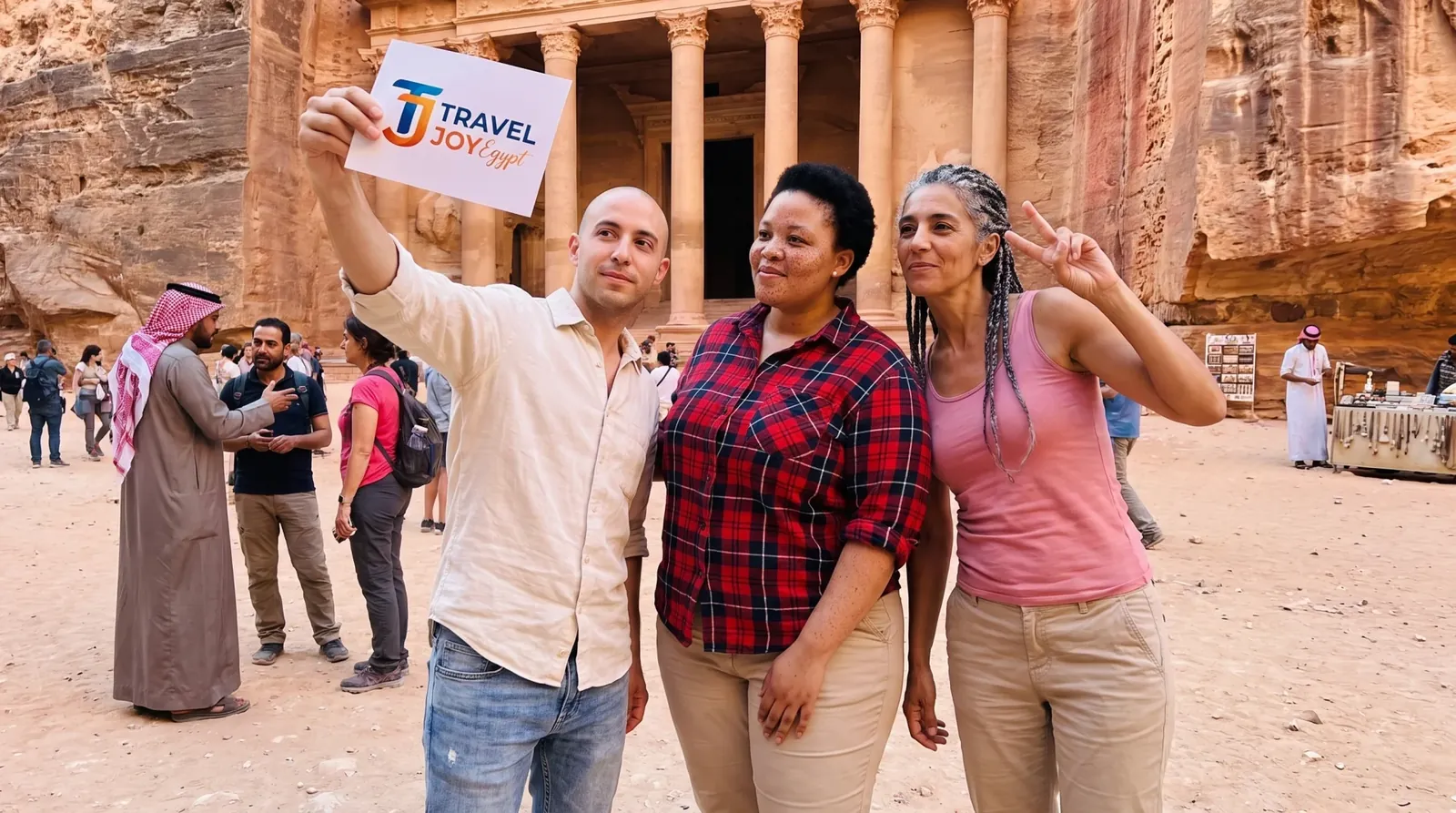 Viajantes em Petra Treasury, Jordan – Egito, Jordânia e Turquia: Tour Grandioso de 12 Dias