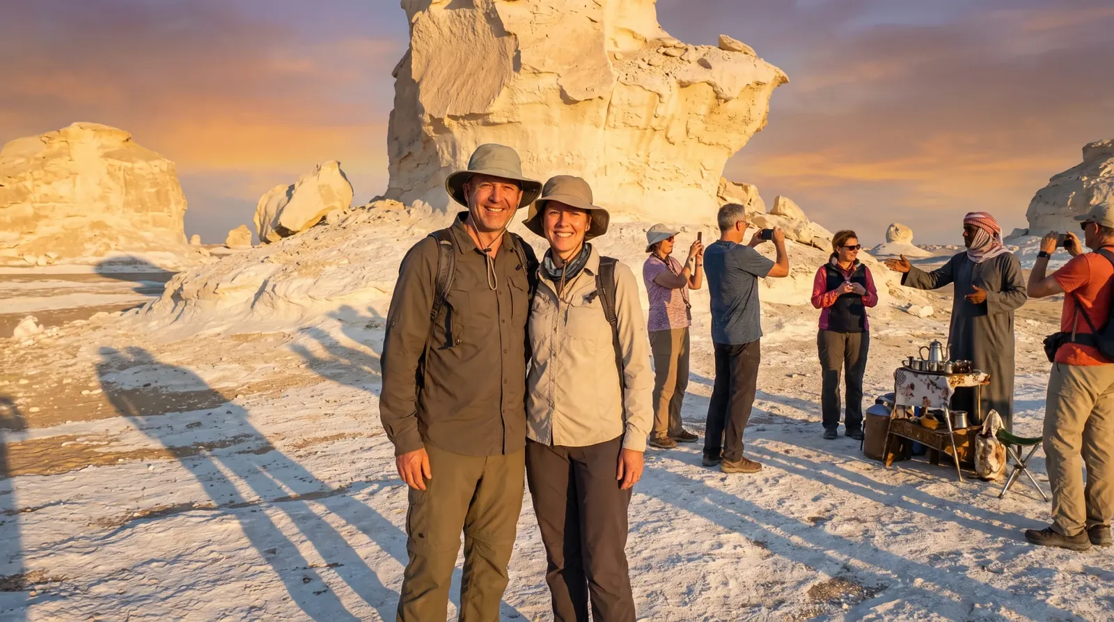 Cestovatelé u White Desert, Farafra – 12denní Velký egyptský zájezd: Káhira, Níl a poušť