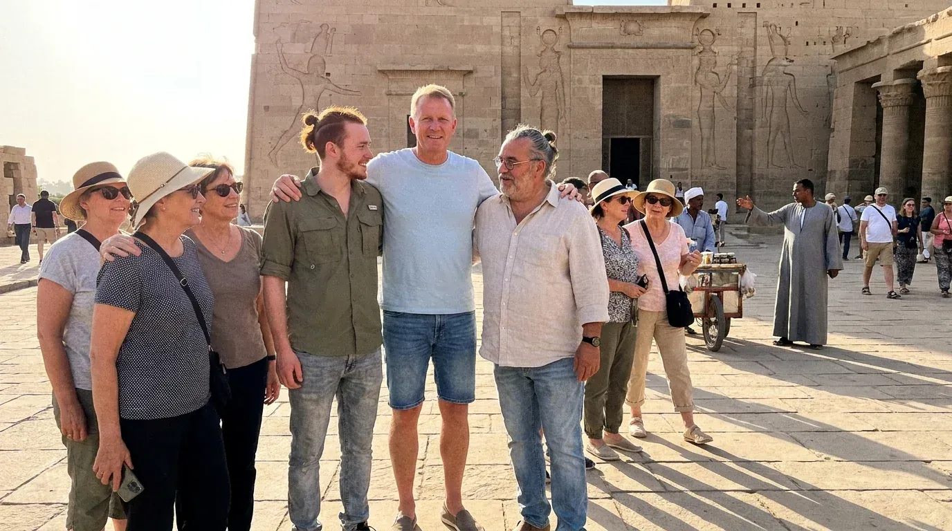 Viajeros en Philae Temple, Aswan – Tour Transformador de Egipto de 12 Días