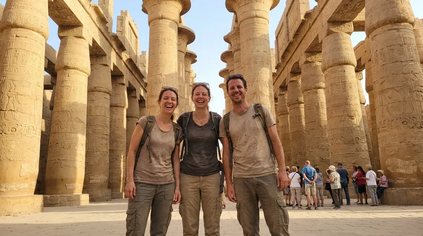 Viajeros en Karnak Temple, Luxor – Aventura Familiar en Egipto de 13 Días y Crucero por el Nilo