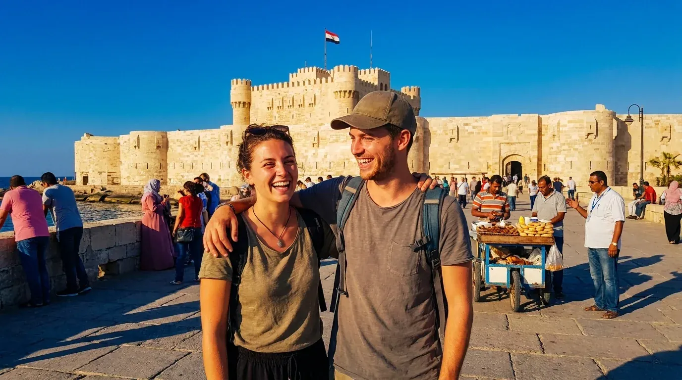 Reisende bei Citadel of Qaitbay, Alexandria – 13-tägige Grand Egypt Tour: Kairo, Nil & Rotes Meer