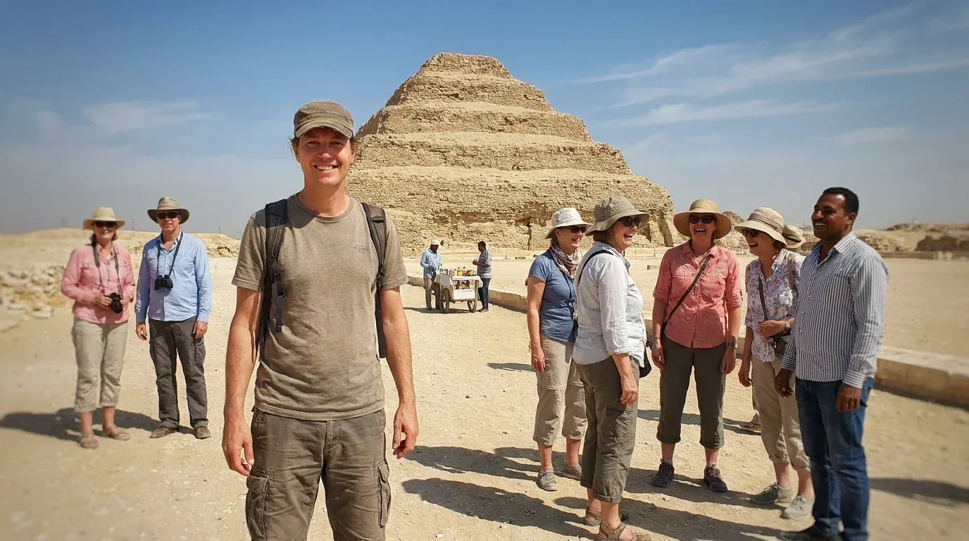 Reisende bei Step Pyramid of Djoser, Saqqara – 13-tägige Grand Egypt Tour: Pyramiden, Nil & Rotes Meer