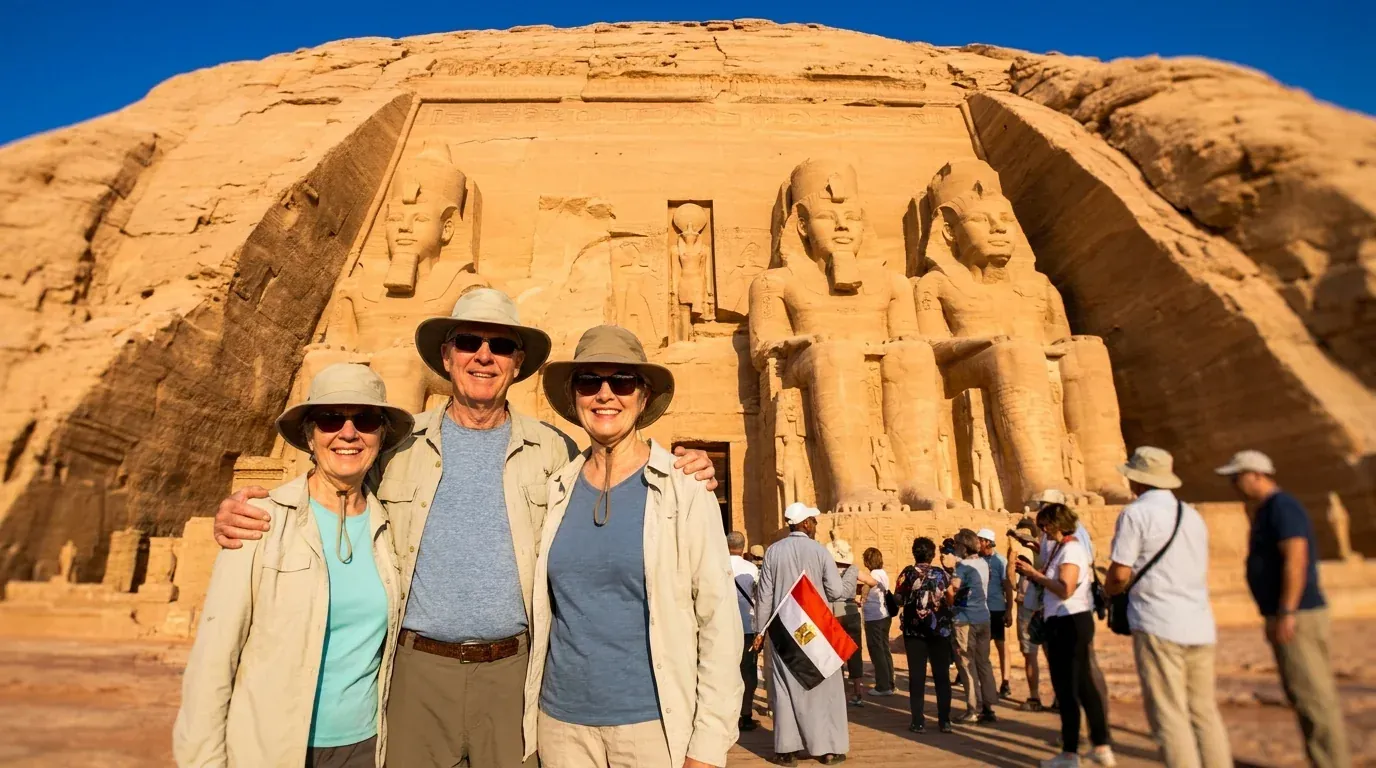 Cestovatelé u Abu Simbel Temples, Aswan – Egypt & Jordan: Pyramidy, Petra & Rudé moře