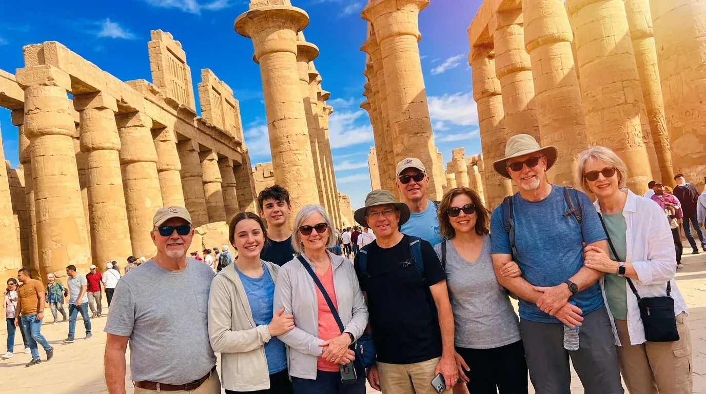 Viajeros en Karnak Temple, Luxor – Aventura Familiar en Egipto: 14 Días en El Cairo, Nilo, Mar Rojo
