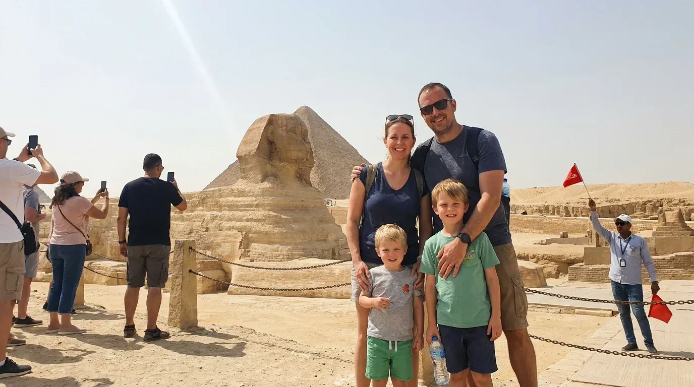 Cestovatelé u Great Sphinx of Giza – 14denní skupinový zájezd do Egypta: Pyramidy, Níl a Rudé moře