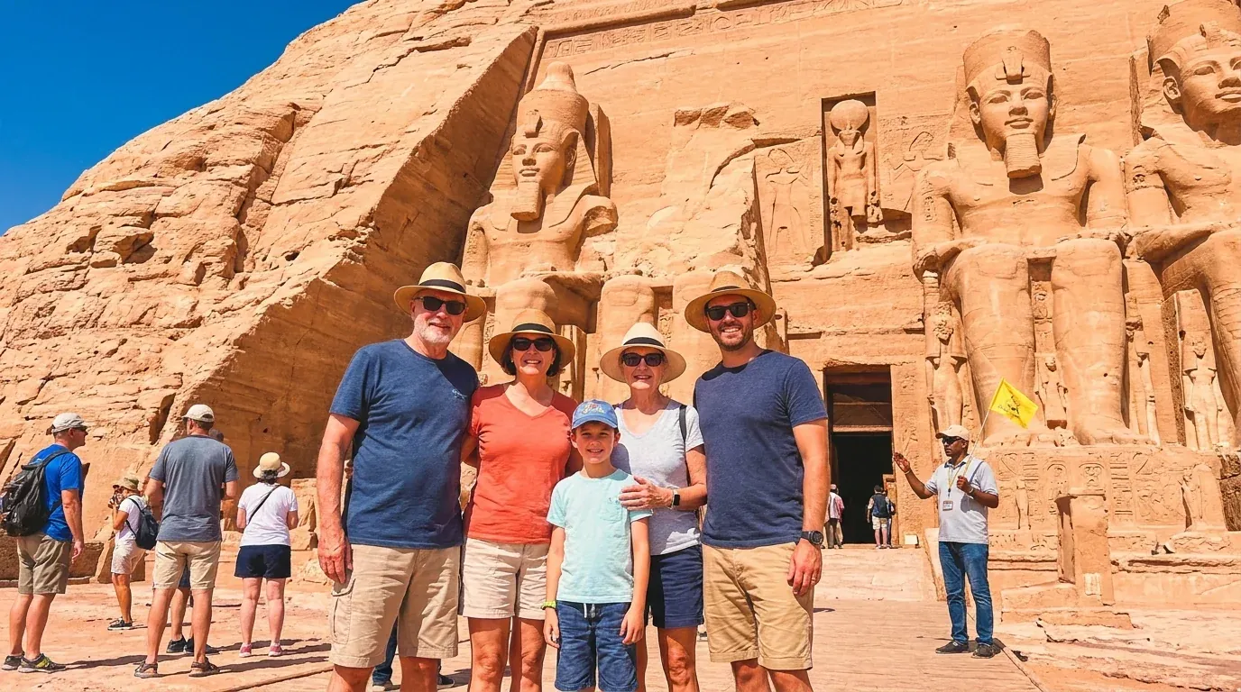 Cestovatelé u Abu Simbel Temples, Aswan – 14denní skupinový zájezd do Egypta: Pyramidy, Níl a Rudé moře