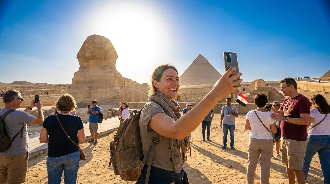 Cestovatelé u Great Sphinx of Giza – 15denní ultimátní objevná cesta po Egyptě
