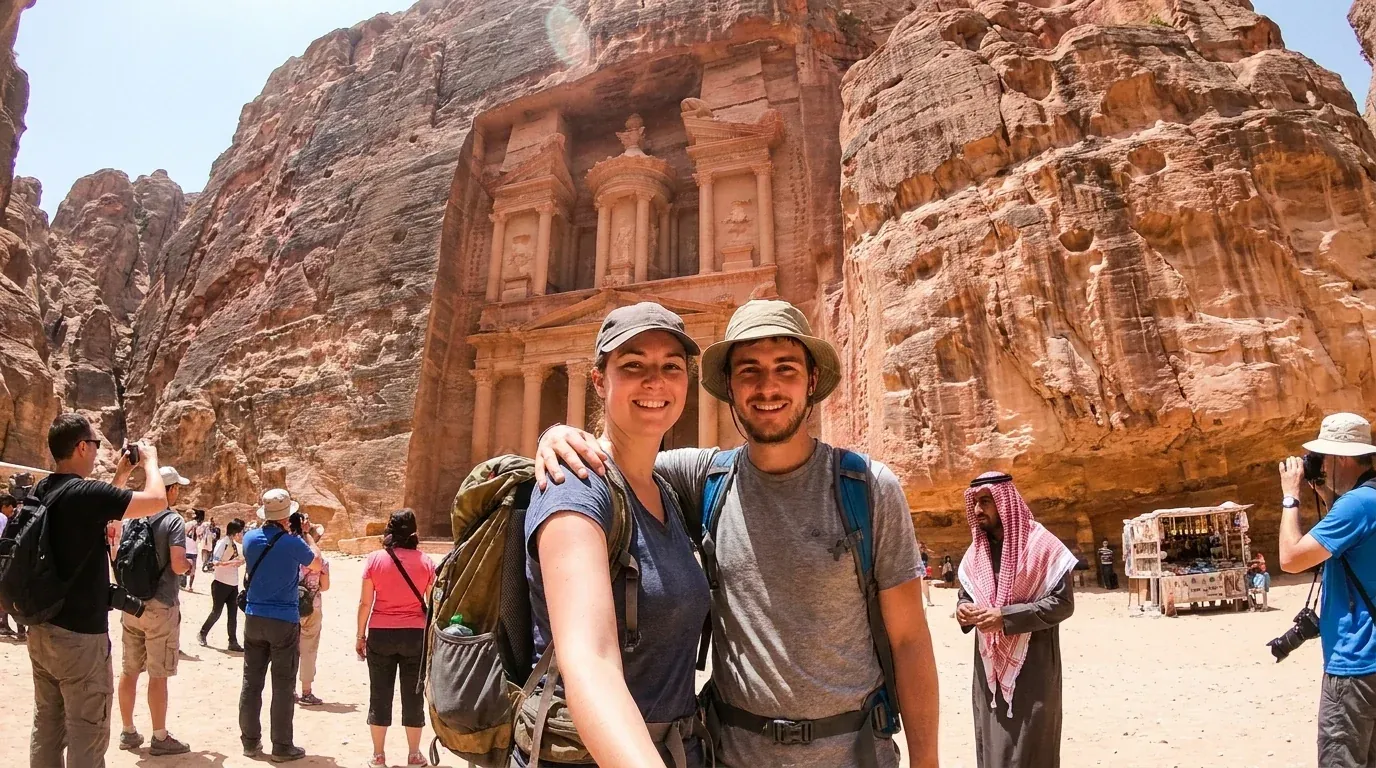 Reisende bei Petra Treasury, Jordan – 19 Tage Rabat Kairo Nilkreuzfahrt Marrakesch Petra Tour