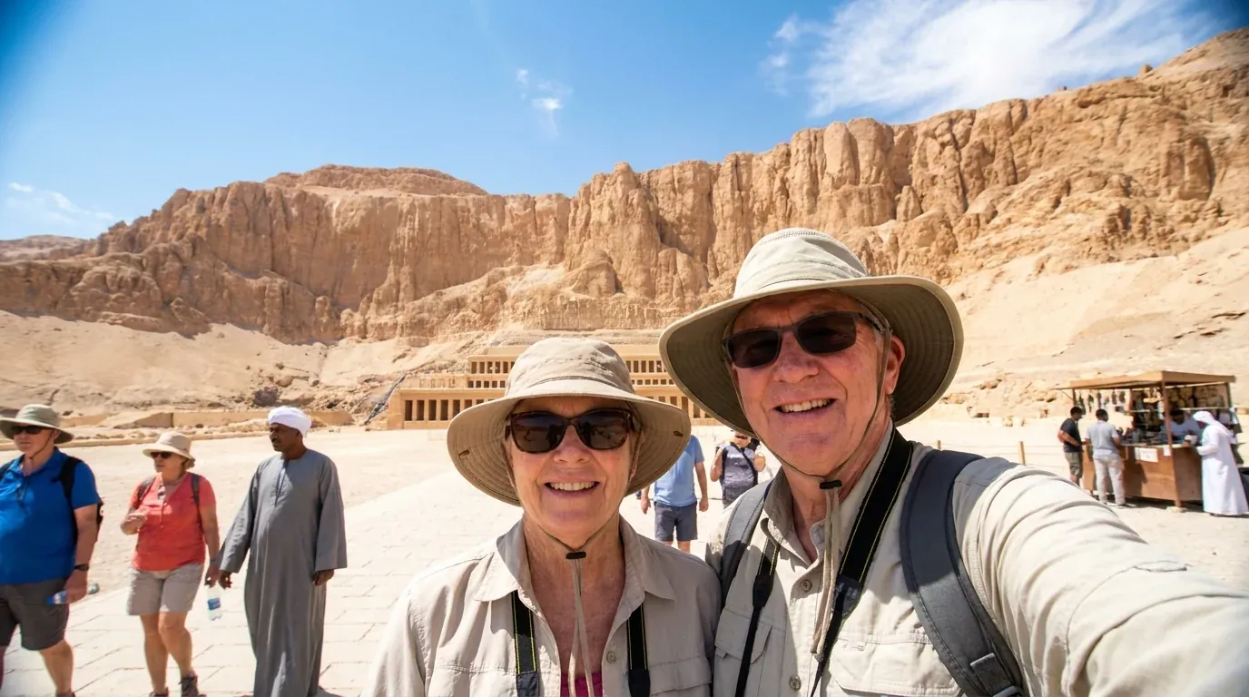 Cestovatelé u Temple of Hatshepsut, Luxor – 2denní výlet do Luxoru z přístavu Safaga