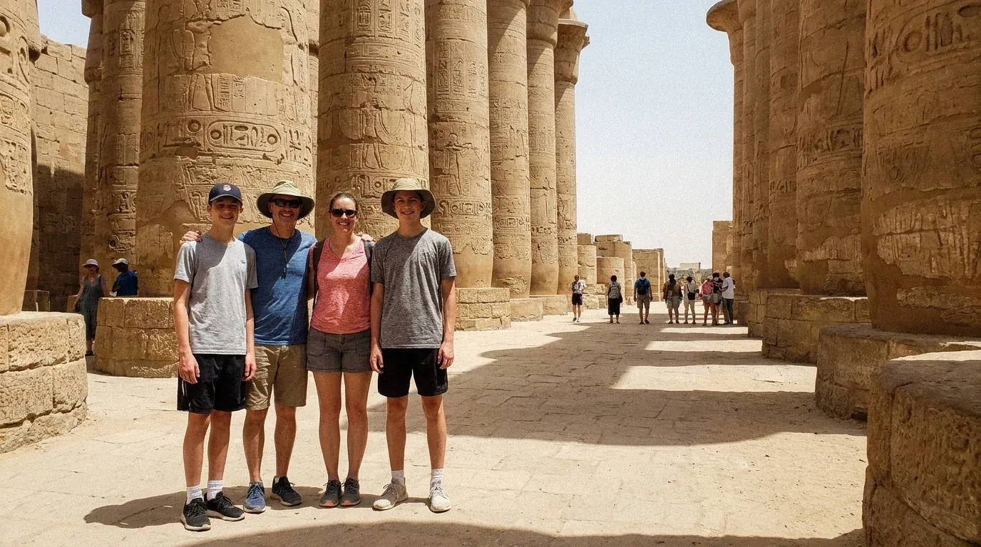 Viajeros en Karnak Temple, Luxor – Aventura Grand Egypt de 20 Días y Retiro en el Mar Rojo