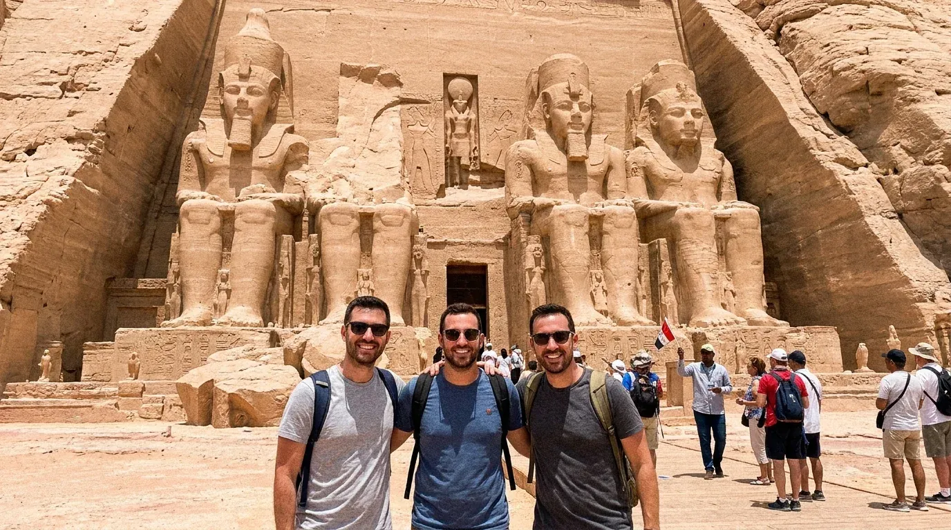 Viajantes em Abu Simbel Temples, Aswan – Tour Grandioso pelo Egito de 21 Dias com Cruzeiro pelo Nilo