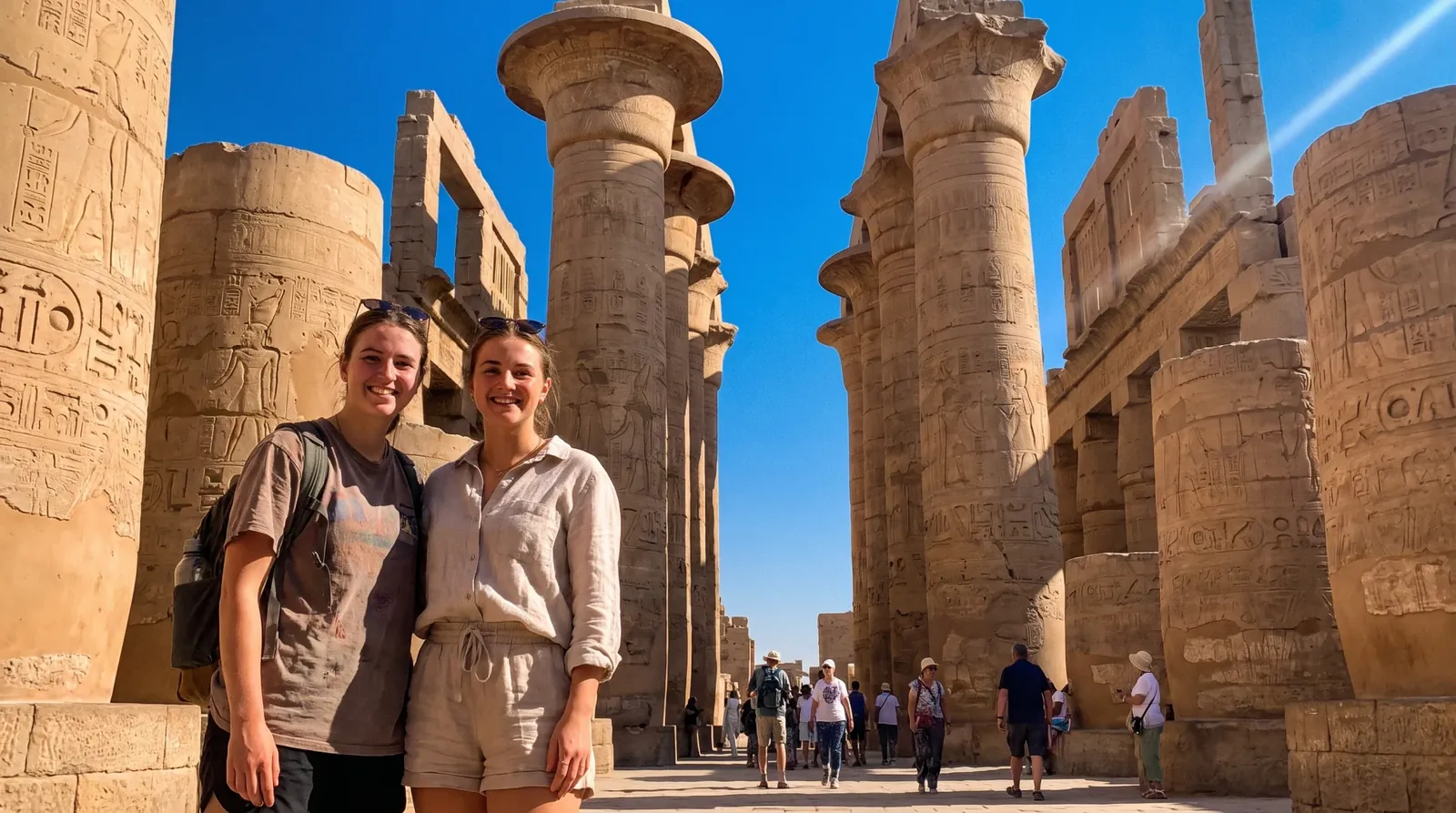 Viajeros en Karnak Temple, Luxor – Tour de Lujo de 7 Días en Egipto: El Cairo, Luxor y Asuán