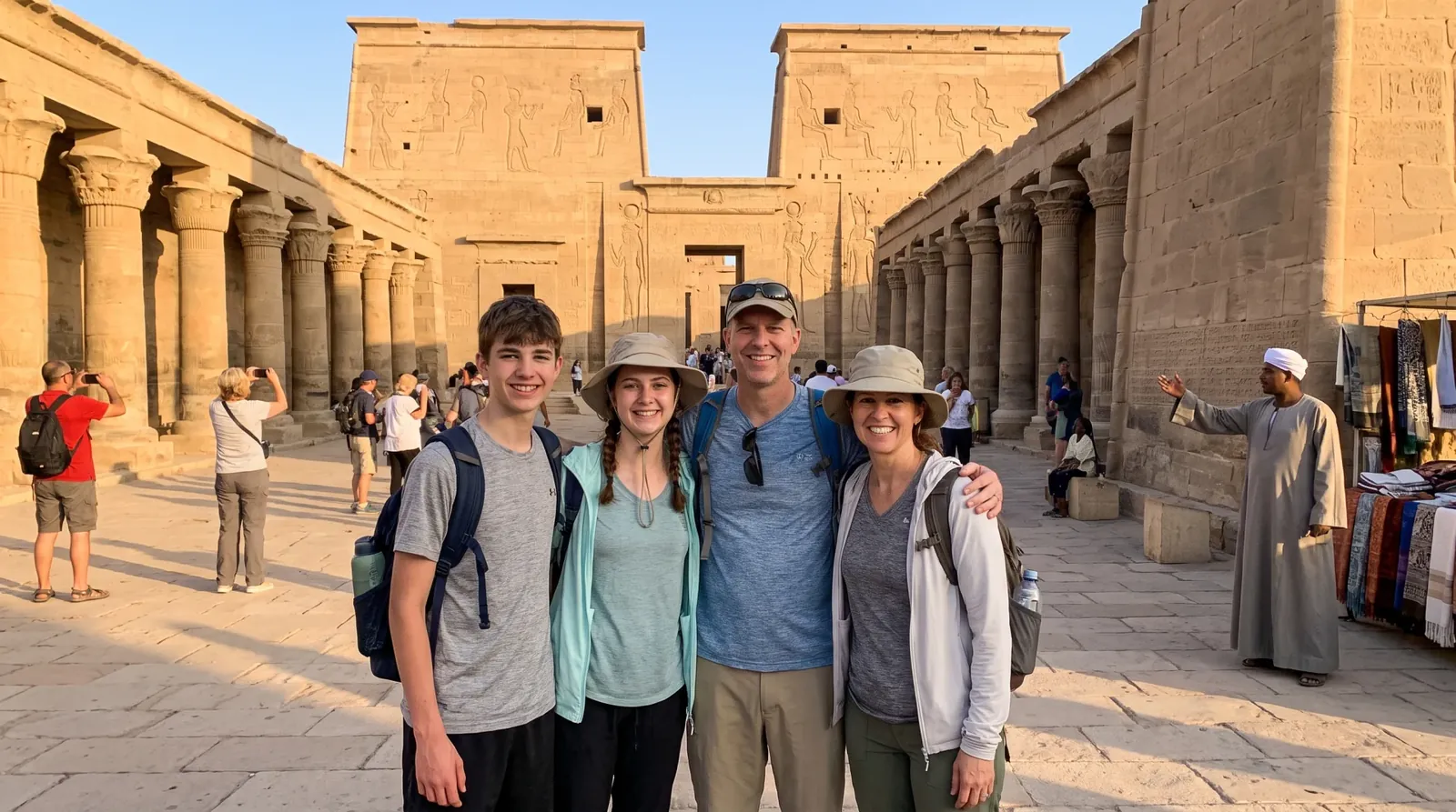 Cestovatelé u Philae Temple, Aswan – 9denní zájezd do Egypta: Káhira, plavba po Nilu a Alexandrie