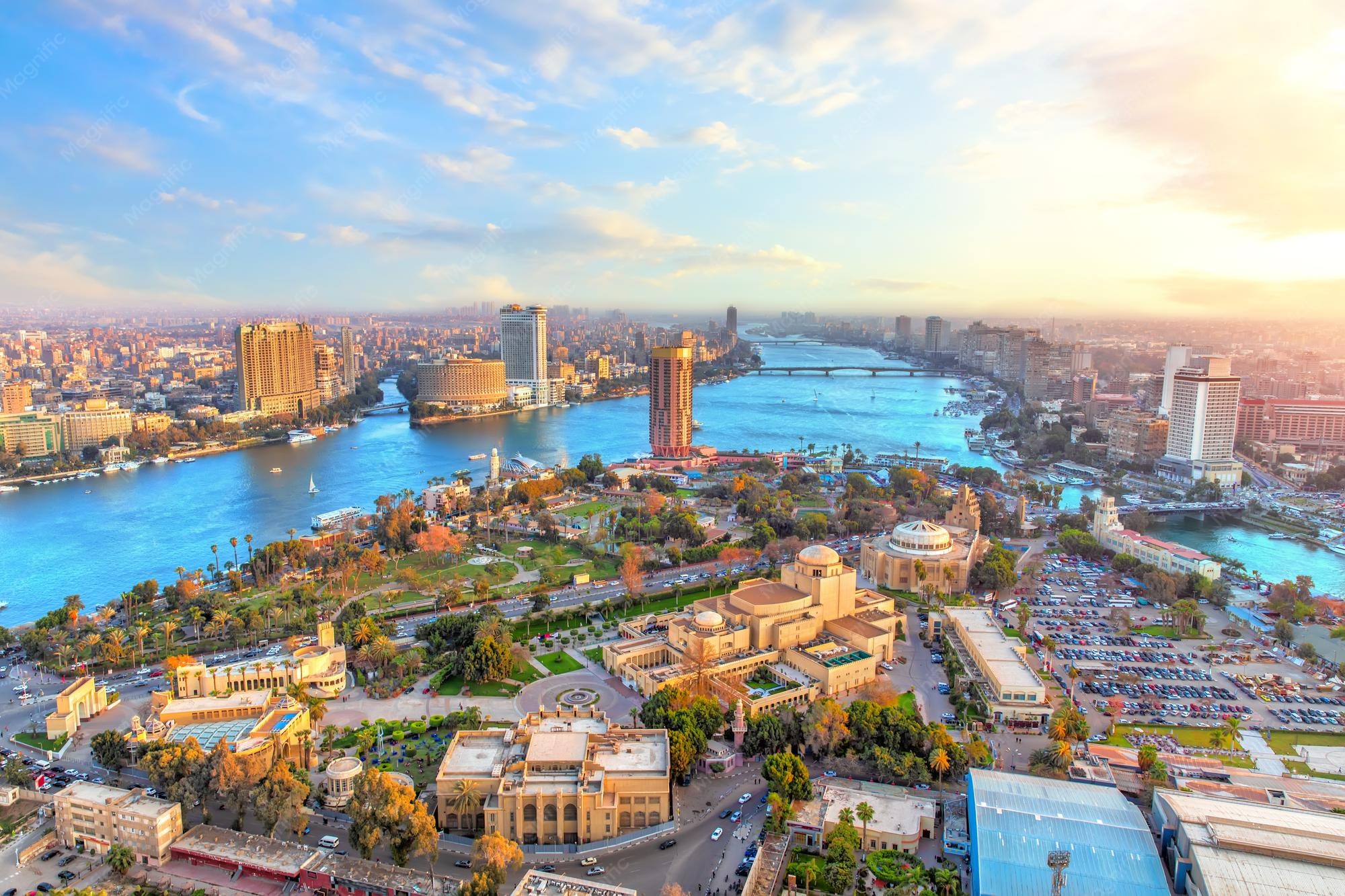 Panoramic view of Cairo, Egypt with the Nile River