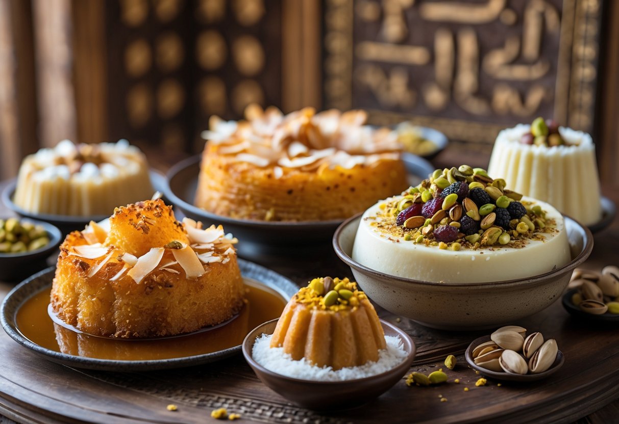 Assortment of traditional Egyptian desserts, including baklava and basbousa