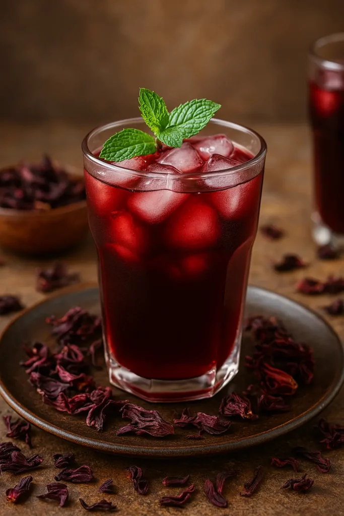 A glass of refreshing hibiscus tea (Karkadeh)