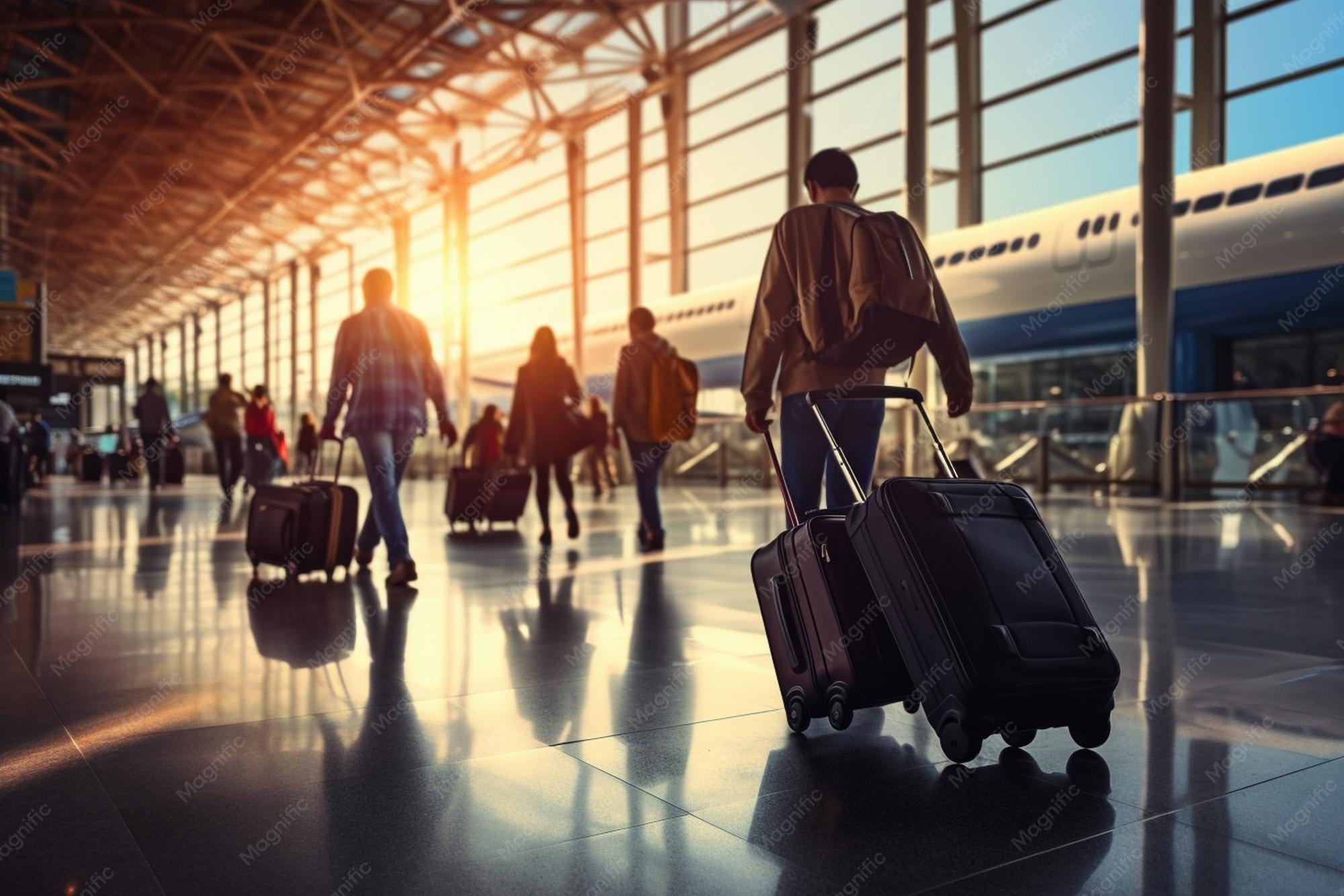 Travelers walking through an airport with luggage