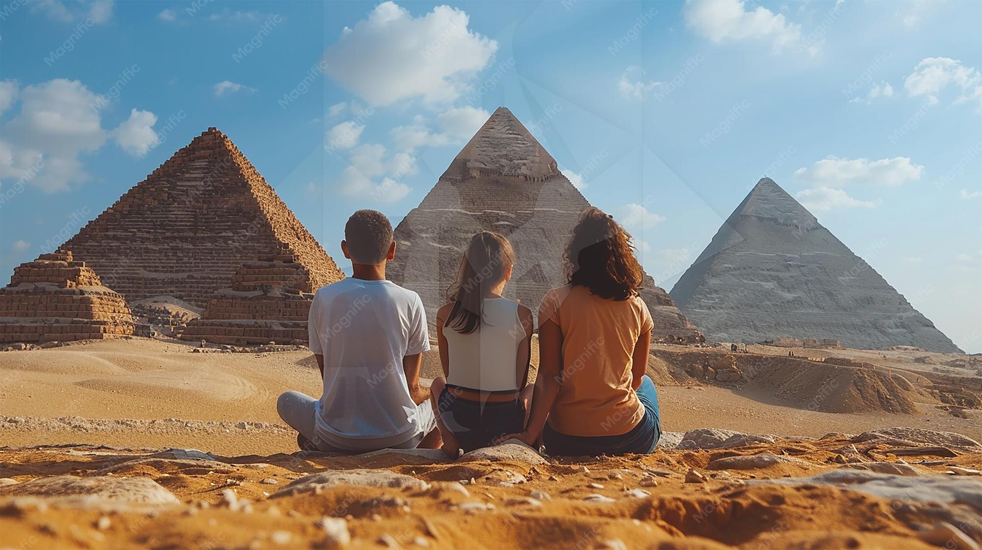 família curtindo visitar as pirâmides de Gizé, Necrópole de Gizé Egito
