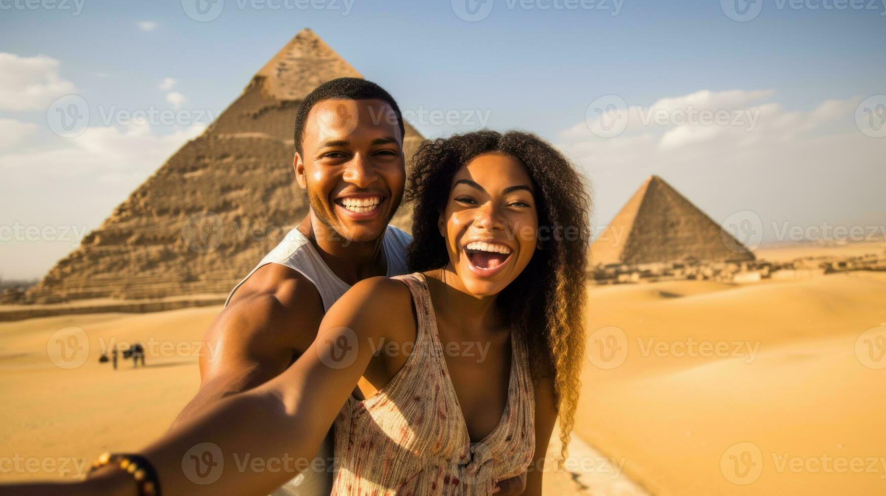 casal tirando selfie nas pirâmides, Giza Necropolis Egypt