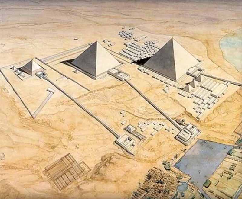 Complexo mortuário do Templo Khufu em Gizé, Egito, parte do complexo da pirâmide de Gizé, destacando as antigas estruturas construídas para homenagear o Faraó Khufu.