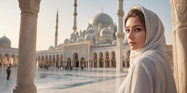 Uma mulher usando um lenço na cabeça dentro de uma mesquita no Egito, demonstrando respeito pela cultura local
