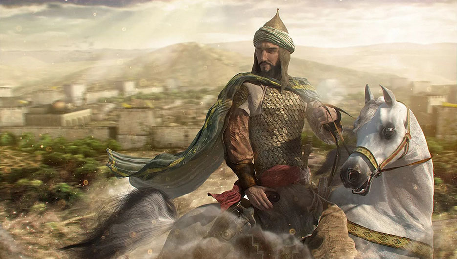 Salahuddin Ayyubi on horseback leading an army