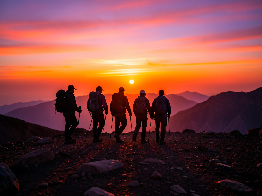 Hikers silhouetted against a vibrant orange and pink sunrise from the summit of Mount Sinai
