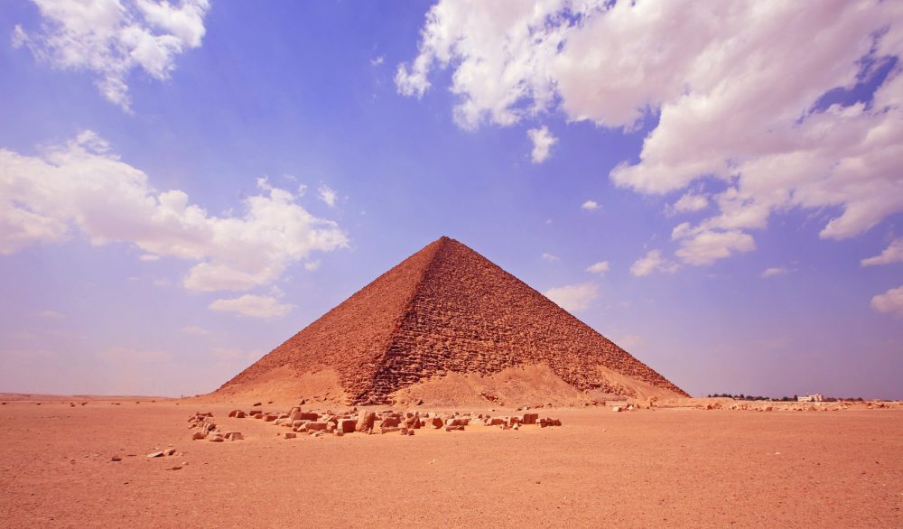The Red Pyramid at Dashur, a smooth-sided pyramid in the desert.